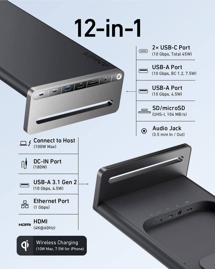 Anker 675 USB-C Docking Station ((12-in-1, Monitor Stand, Wireless) Hubs and Docks Schwarz | ED232813O8