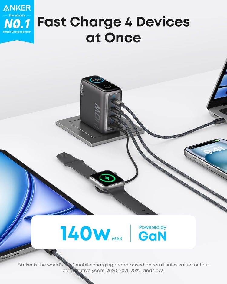 Anker Laptop Charger ((140W, 4-Port, PD 3.1) with USB-C Cable Ladegeräte Schwarz | XB389878S4