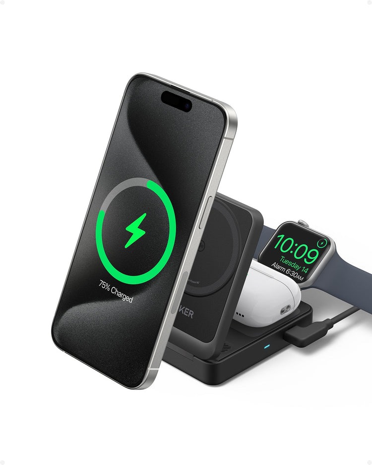 Anker MagGo Wireless Charging Station ((Foldable 3-in-1) & MagGo Wireless Charger ((Stand) Kabellose Ladegeräte Schwarz | SD314551H3