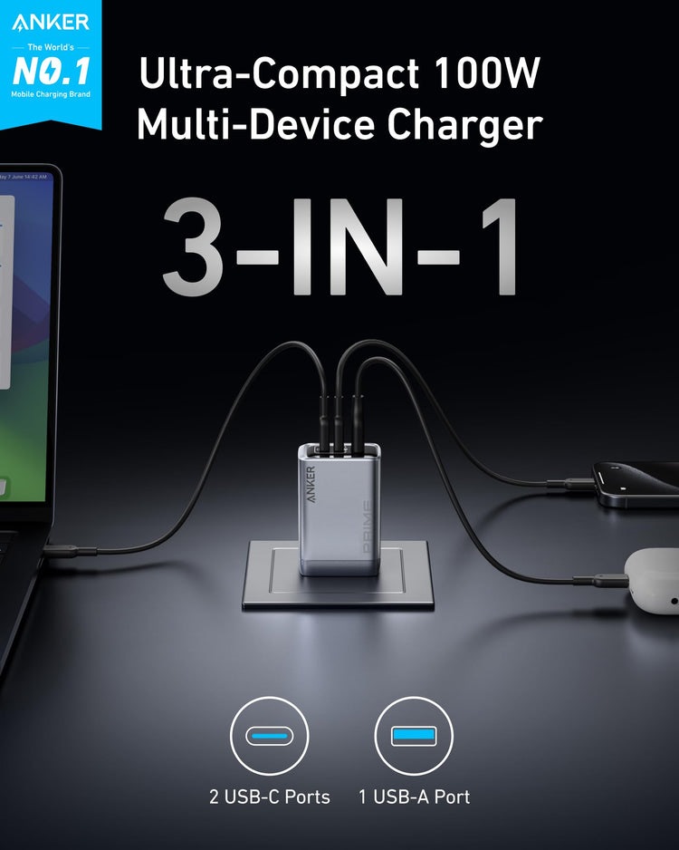 Anker Prime Charger ((100W, 3 Ports, GaN) Ladegeräte Grau | MM870997I8
