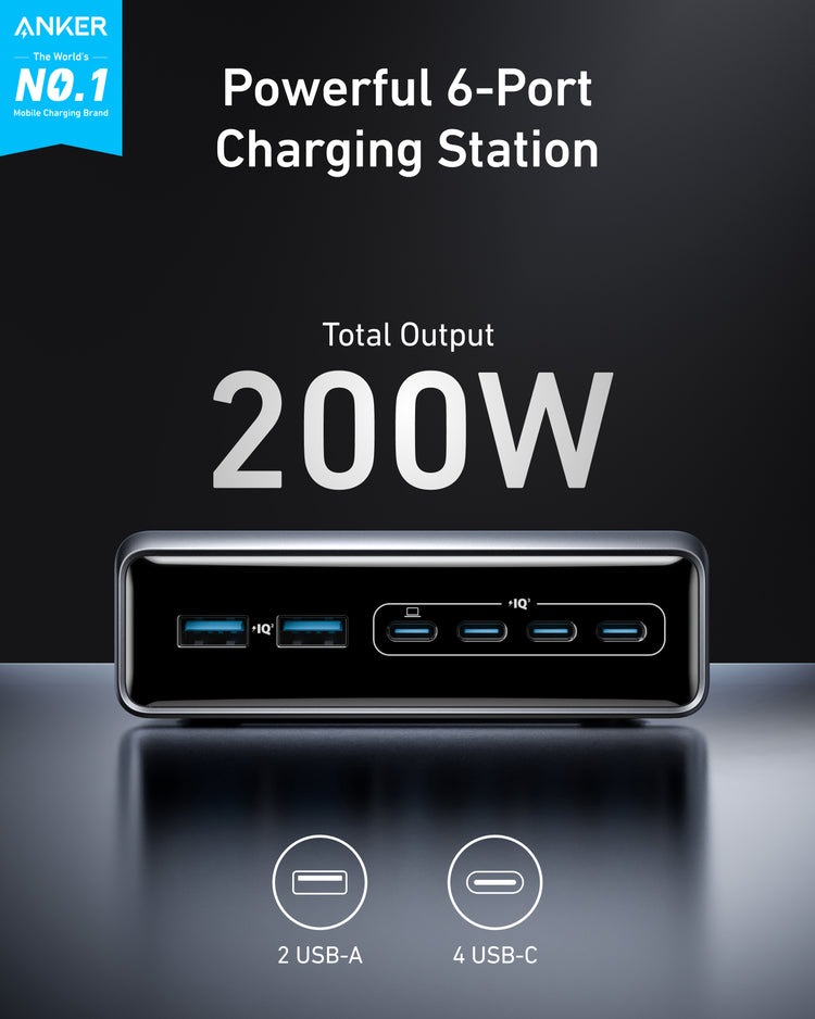 Anker Prime Charger ((200W, 6 Ports, GaN) Ladegeräte Schwarz | WR237613U7