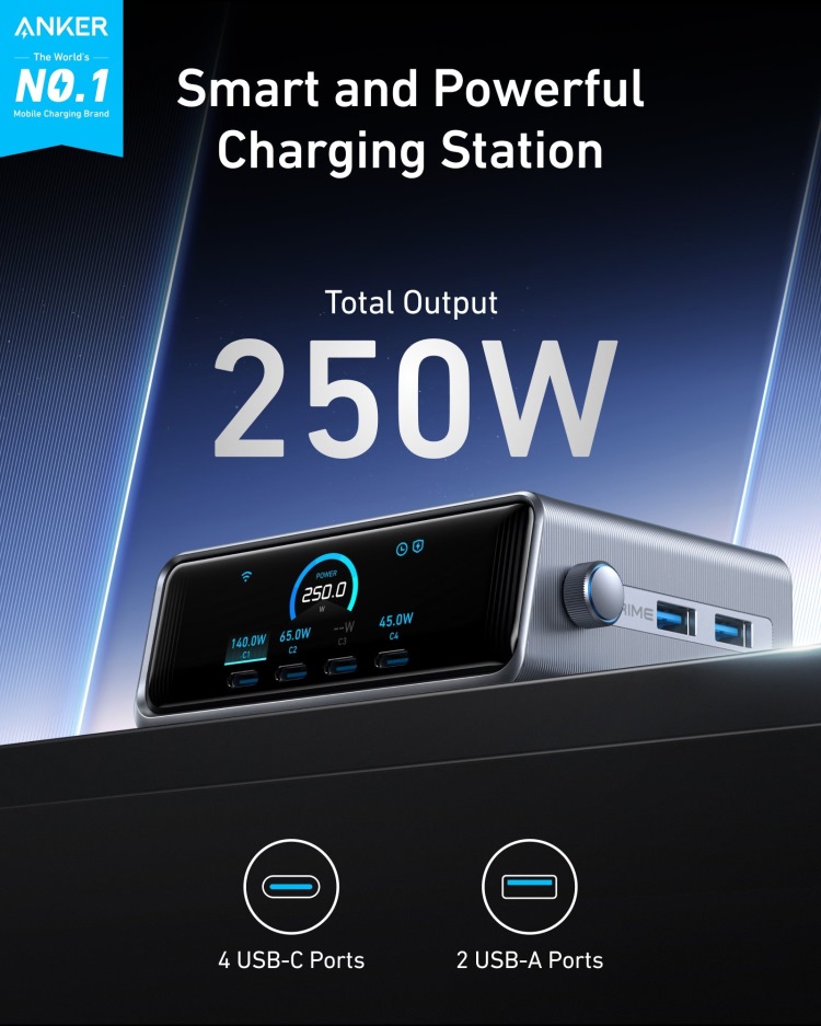 Anker Prime Charger ((250W, 6 Ports, GaNPrime) Ladegeräte Schwarz | HH180928C8