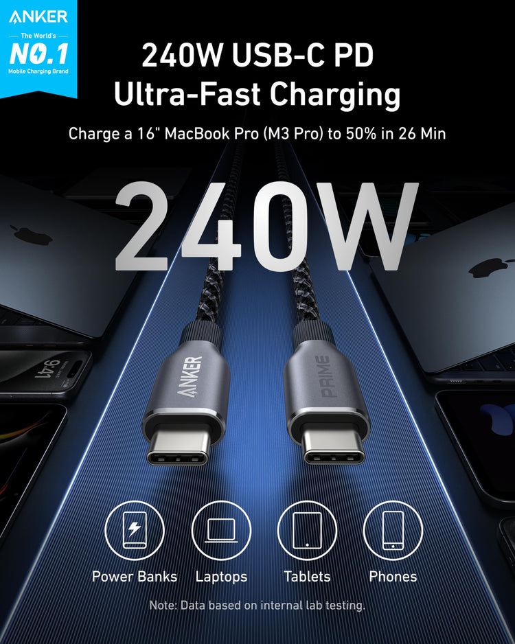 Anker Prime USB-C to USB-C Cable ((240W, Upcycled-Braided) Kabel Grau | SN776897N3